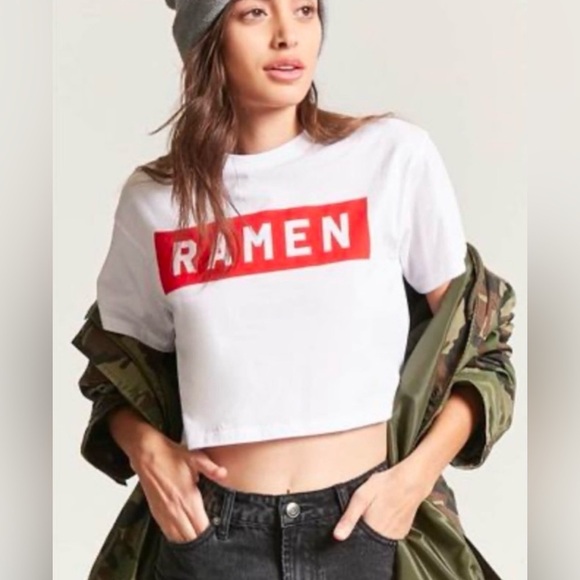 RAMEN LOGO | Forever 21 Cropped T-Shirt White Top Size Small Summer - Picture 1 of 8